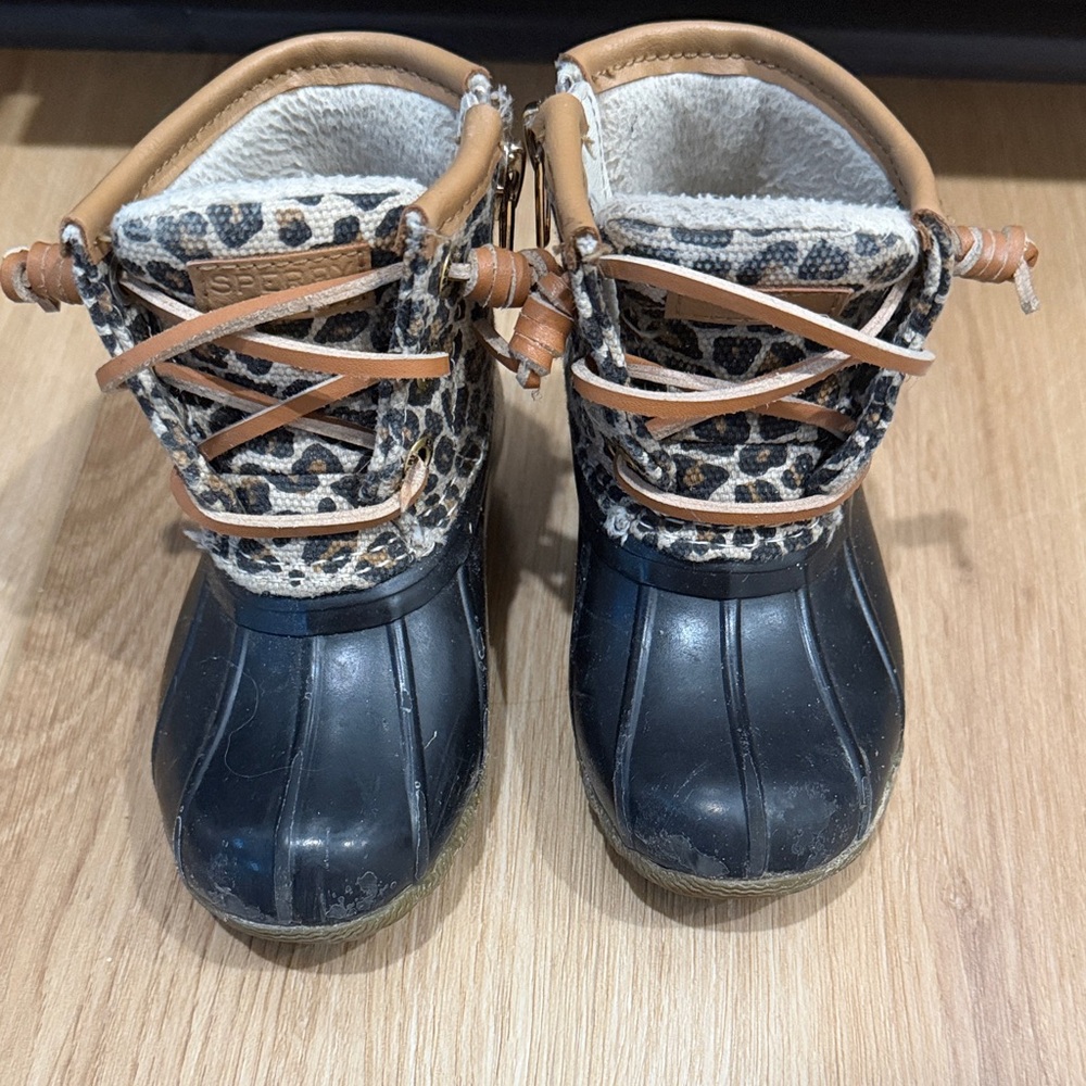 Sperry Kids Waterproof Leopard Duck Boots with Tan Accents
